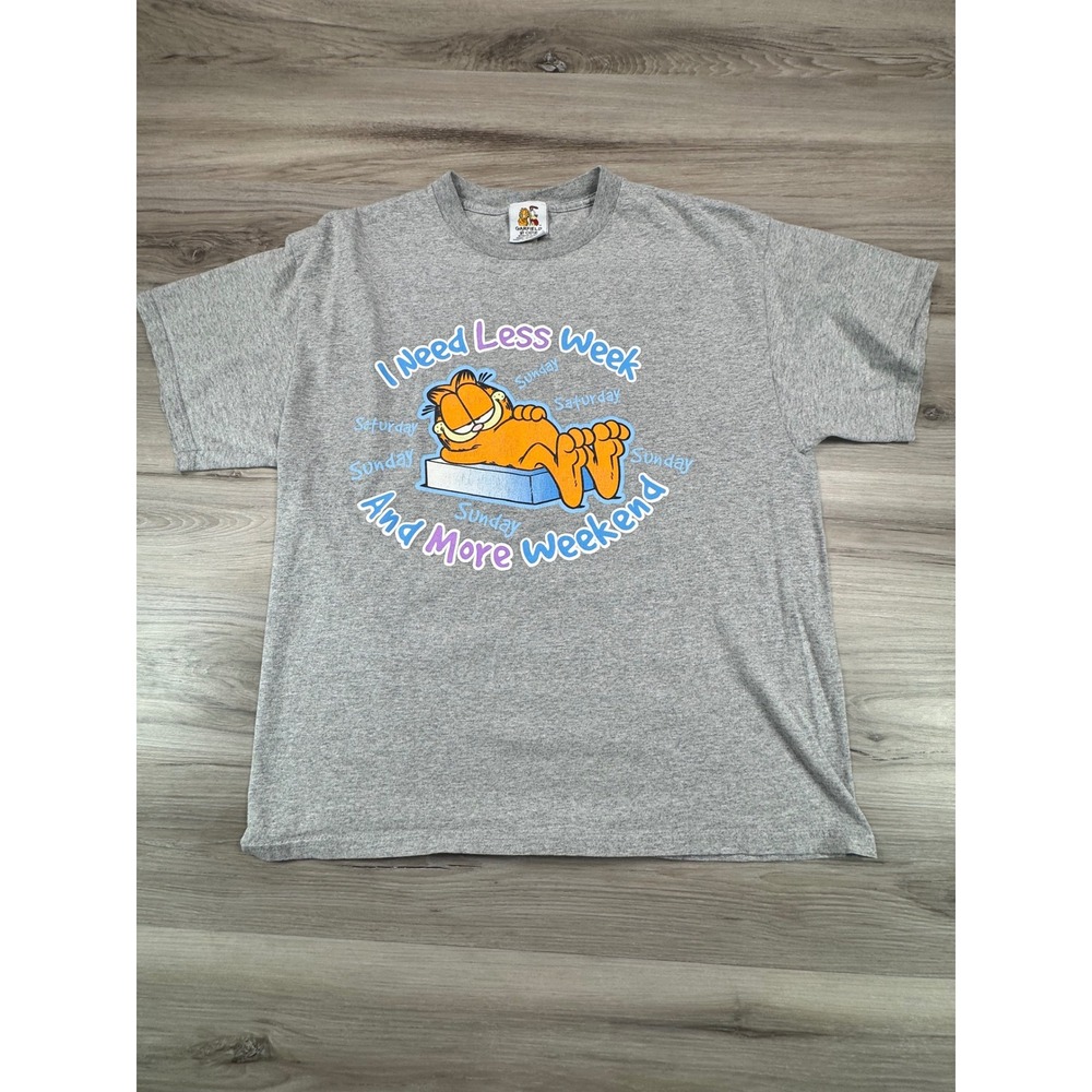 Vintage 90'S Garfield‎ I Need Less Week More Weekend Graphic T-Shirt Gray Mens L